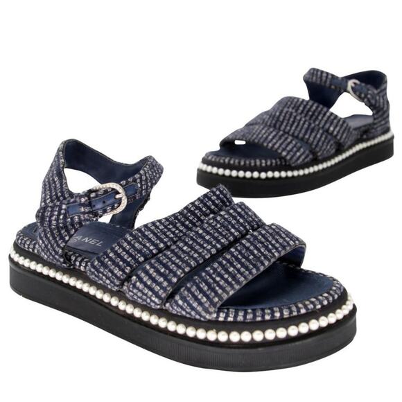 Chanel Mother Pearl CC 35.5 Tweed Chunky Beach Sandals CC-1109P-0018 - Picture 2 of 11